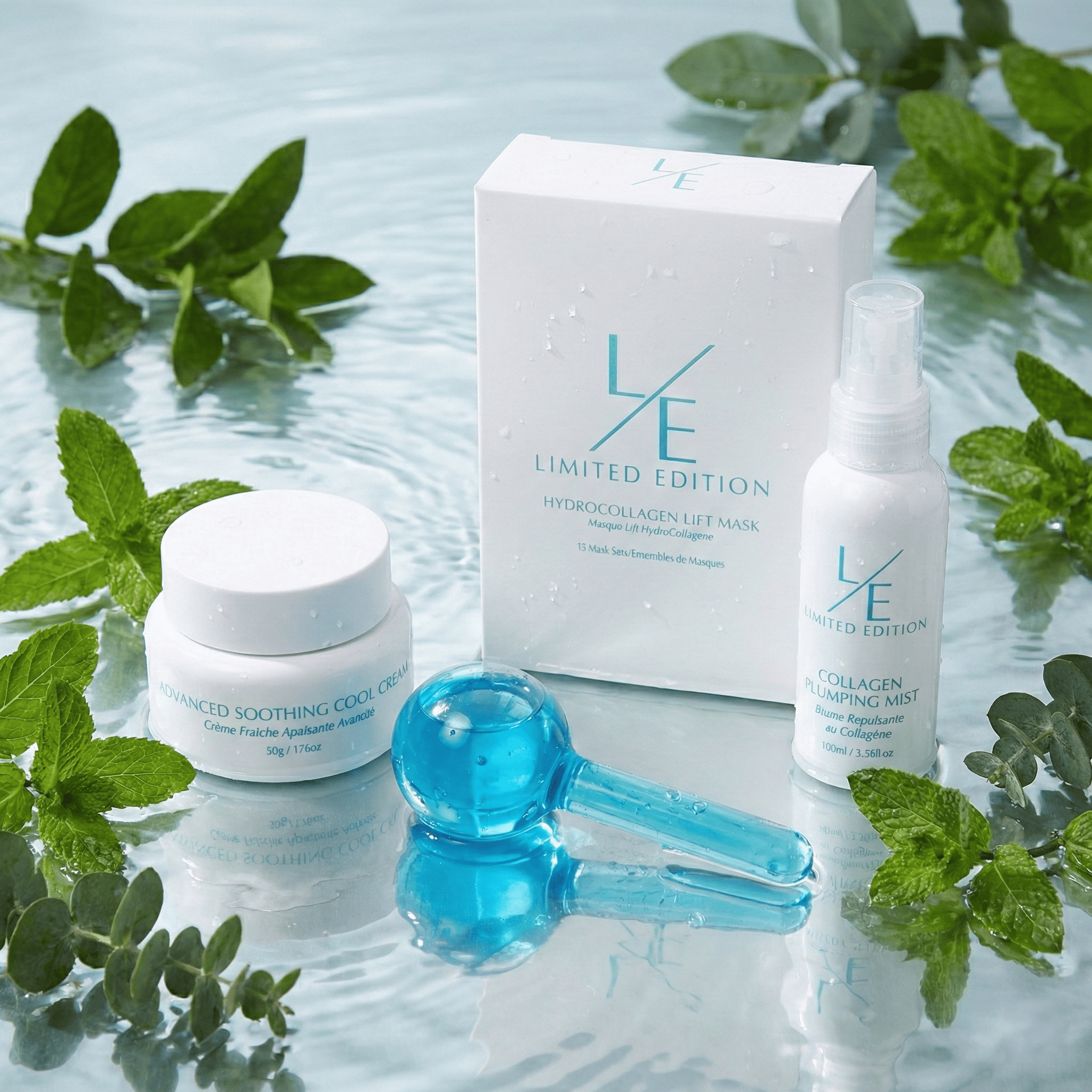 Collagen Cooling Set, four products sitting on a water ripple with plants around