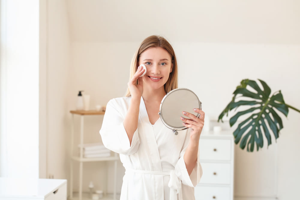 Woman cleansing face in mirror